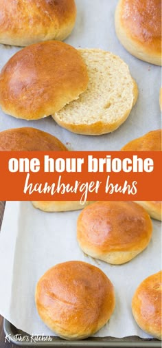 one hour brioche hamburger buns on a baking sheet with text overlay