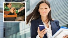 a woman holding a cell phone in her hand and looking at the screen while sitting in a car