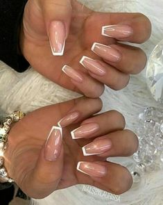 Almond Nails French Tip Wedding, French On Coffin, Coffin Tip French Nails, French Nail With Crystal, French Tip Mix Nails, Classy French Nails Square, French Manicure On Coffin Shaped Nails, Modern French Nails Square, Thonje Me Tips