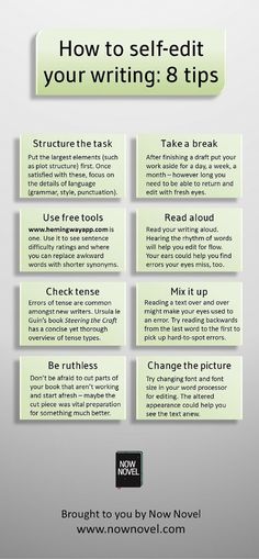 how to self - editt your writing 8 tips infographical poster with text