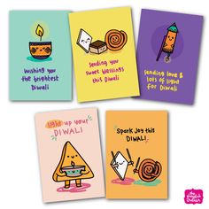 four greeting cards with different designs and words on them, including one for diwali