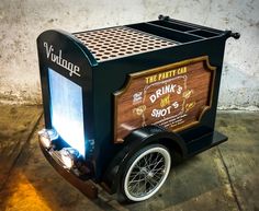 an old fashioned drink cart is shown with the word,'the party car drunk's shot'on it