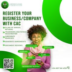 a woman holding a cell phone in front of a green and white background with the words register your business / company with ca