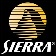 the sierra logo is shown in black and yellow stripes, with an orange sun behind it