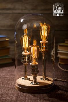 two light bulbs under a glass dome on a wooden stand with books in the background