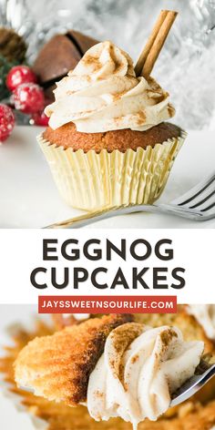 eggnog cupcakes with cream frosting and cinnamon on top are the perfect dessert for christmas