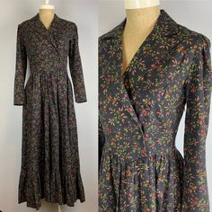 "Vintage Laura Ashley Dress Size 4 83/17 Cotton/Wool blend  Puff shoulder Tapered sleeves  Full pleated skirt  Peaked lapels Covered buttons  Ruffled hemline Side zipper V- shaped bodice Classic Pioneercore, Cottagecore dress  Great condition. Measurements are made with garment flat. 34\" bust (17\"Across the chest)(pit to pit) 14-1/2\" Shoulder to shoulder seam 22\" Shoulder seam to cuff 53\" from Top of collar to hem" Aesthetic Maxi Dress, Laura Ashley Vintage Dress, Style Themes, Laura Ashley Vintage, Vintage Laura Ashley, Laura Ashley Dress, Ashley Black, Western Aesthetic, Cottagecore Dress