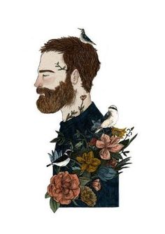 a drawing of a bearded man with flowers and birds on his shoulder, looking to the side