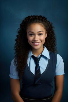 a young woman wearing a blue shirt and tie with long curly hair smiling at the camera