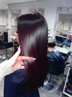 #cherryredhair #cherry #hair #redhair Dark Red Extensions, Dark Hair Tint Of Red, Deep Red On Black Hair, Magenta Dark Hair, Dark Red With Red Highlights, Cherry Red Hair Straight, Dark Red Black Hair Color, Cherry Red Lowlights, Dark Cranberry Hair