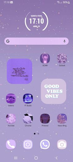 an iphone screen with the words good vibes only written in purple and white on it