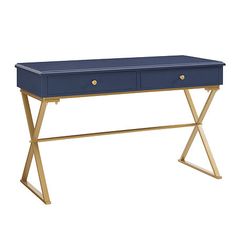 a blue desk with two drawers and gold legs