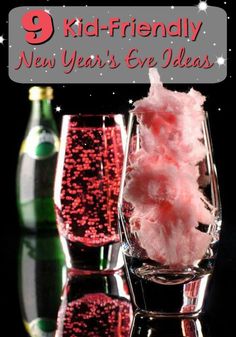 three glasses with pink cotton candy and two empty wine glasses next to each other on a reflective surface