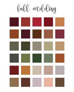 the fall wedding color scheme is shown in shades of red, brown and green with text that