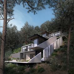 this is an artist's rendering of a modern house on a hill in the woods