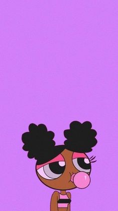 a cartoon character with black hair and big eyes standing in front of a purple background