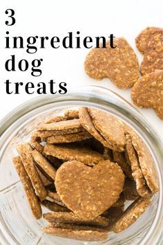 three ingredient dog treats in a glass bowl with text overlay that reads 3 ingredient dog treats