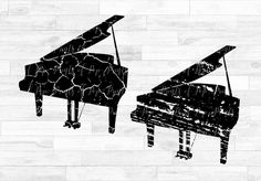 a black and white drawing of a grand piano on a wood background, with the word music written across it