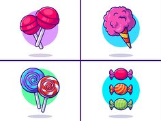 four different colored candies and lollipops in cartoon style, on white background