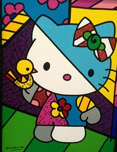 a painting of a hello kitty holding a chick