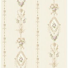 a wallpaper with floral designs on the side and stripes in beige, white and green