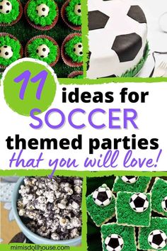 soccer themed party with green grass and black and white balls, cupcakes and cake