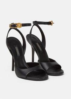 Versace Safety Pin High Heel Sandals for Women | US Online Store Versace Safety Pin, Versace Heels, Heel Sandals For Women, Pretty Heels, Versace Shoes, Designer High Heels, Versace Home