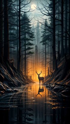 Animal Nature Wallpaper, Forest Background Landscape, Nature Animals Wallpaper, Deer Background, Beautiful Scenery Drawing, Deer In Forest, Background Forest, Wallpaper Forest, Deer Wallpaper