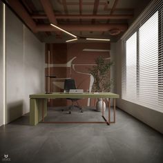 an office with a desk, chair and plant in the middle of the room that has blinds on both sides