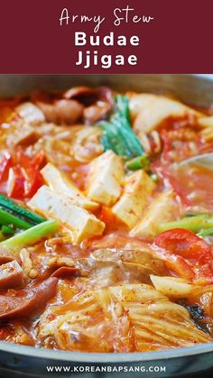 Budae Jjigae (Army Stew) Budajigae Recipe, Kimchi Jigae Recipe, Army Stew Recipe, Budae Jjigae Recipe, Asian Potluck, Korean Stew, Jjigae Recipe, Korean Bapsang, Budae Jjigae