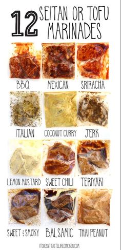 the 12 different types of marinades are shown in this poster, which shows how to cook