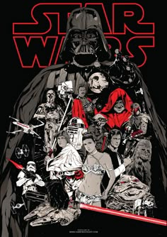 the star wars poster is shown in red and black