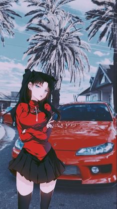 a girl standing in front of a red car on the street with palm trees behind her