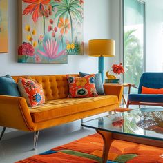 a living room filled with furniture and colorful paintings on the wall above it's glass top coffee table