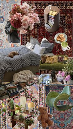 a collage of photos with furniture and flowers in the background, including a bed