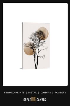 an image of two trees in front of a white background with the words, framed prints metal canvass posters great big canvass