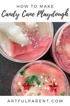 three plastic cups filled with candy cane playdoughs and sprinkles