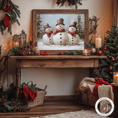 a christmas scene with three snowmen in front of a fireplace