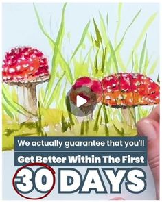 someone is painting three mushrooms in the grass with their thumbnails and pointing at them