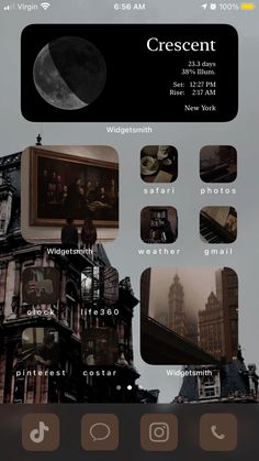 an iphone screen with various pictures and text on it, including the moon in the sky