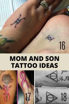 some tattoos that have been tattooed on their legs and feet, with the words mom and son