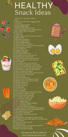 a poster with some food on it and the words healthy snack ideas written in different languages