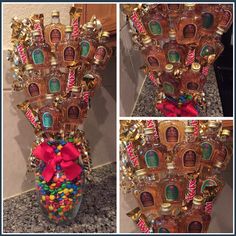 a vase filled with candy and candies on top of a counter