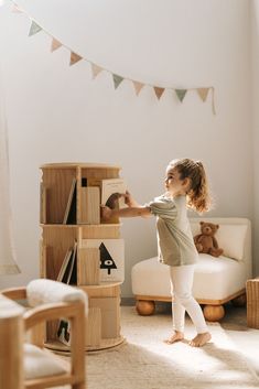 Malo Rotating Bookshelf | Nuage Interiors Fun Playroom Ideas, Rotating Bookshelf, Modern Bookshelf, Nursery Room Design, Playroom Furniture, Bookshelves Kids, Nursery Inspo