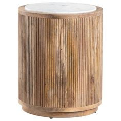 a round wooden stool with white marble top