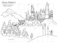 harry potter's castle is shown in the middle of a coloring page for children