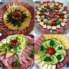 four different types of platters with fruits and vegetables arranged in the shape of flowers