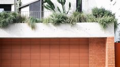 an orange fire hydrant sitting next to a brick wall with plants growing on it