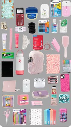 an assortment of items are arranged on a gray background, including toothbrushes, pens, and notebooks