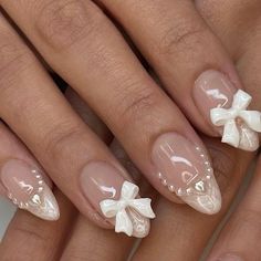 #nails_designs Almond Nails Designs Pearls, Acrylic Nail Designs With Pearls, Valentine Korean Nails, Aesthetic Wedding Nails, Korean Nails Bow, Croquette Nails Almond, Pearl Valentine Nails, Cuqoutte Nails, Nail Accessories Design